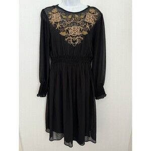 Zara Black Chiffon Floral Embroidered Dress Size Medium Sheer Long Sleeves EUC